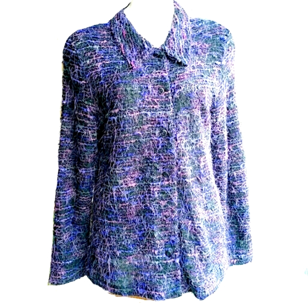 Lana Lee Canada Purple Fuzzy Knit Wool Blend Sweater Jacket Unlined Size L